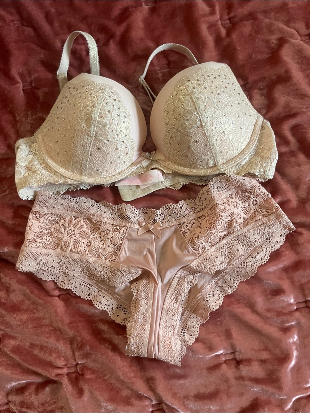 Victoria's Secret Lace Push-Up Bra & Lace Bikini Briefs - Light Pink